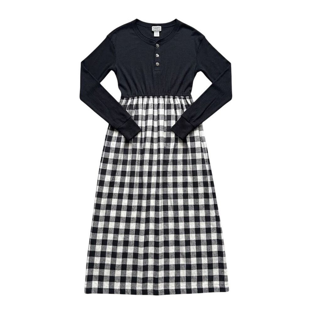 90s Vintage Black Buffalo Plaid Henley Maxi Dress‎ Cotton S/M